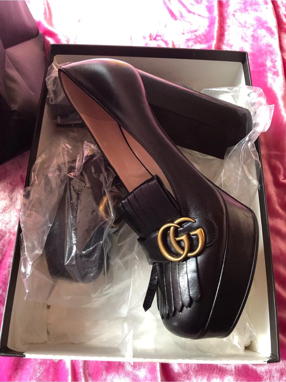 Black Leather Platform Loafer with Gold Hardware